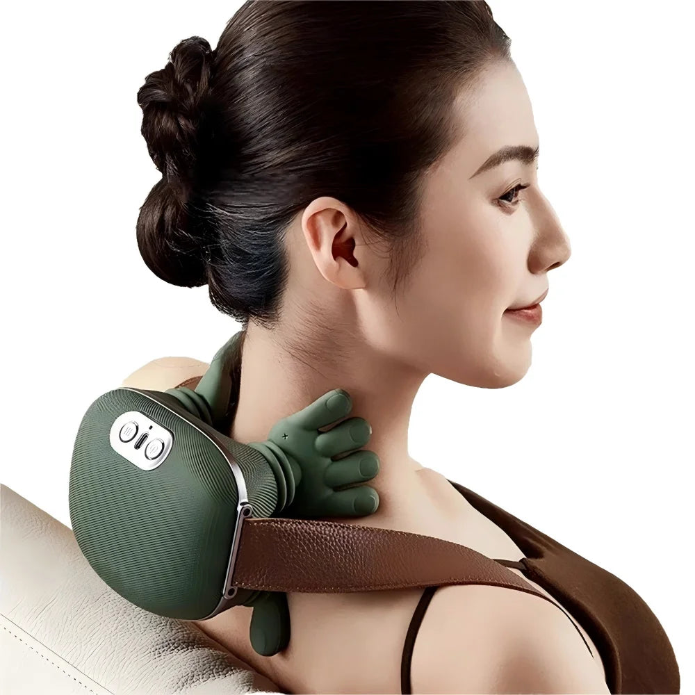 Woman using a green neck and shoulder massager on a white background