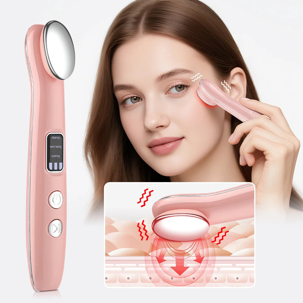 Woman using a pink electronic device on her face with an inset showing skin tissue.