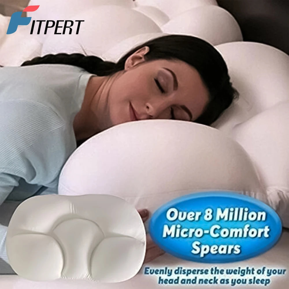 Woman sleeping with a white pillow, featuring FITPERT branding and text about micro-comfort spears.