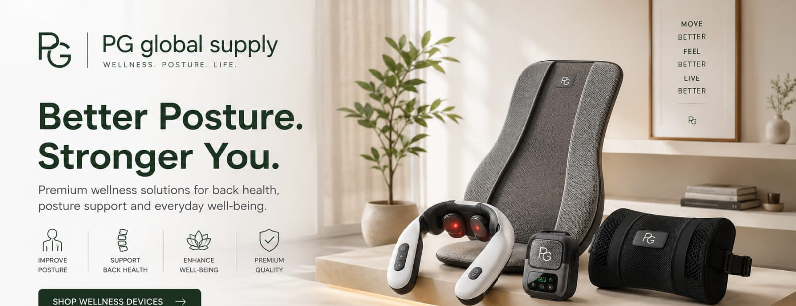 PG global supply wellness devices on a wooden surface with a blurred background